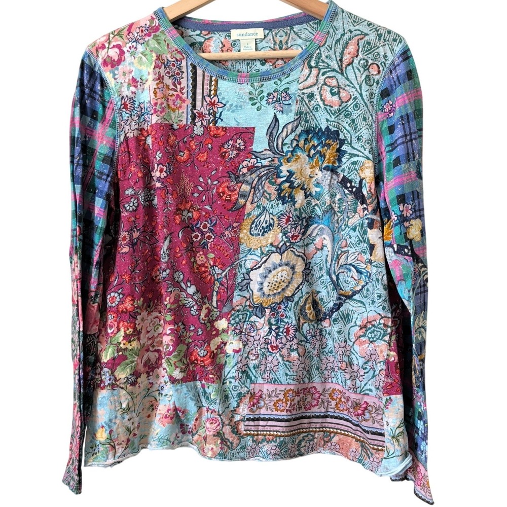 Sundance Womens Floral Patchwork Long Sleeve Cotton Top Shirt Boho Botanical L